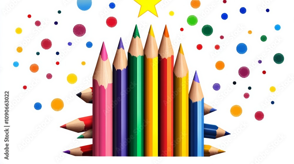 Poster row of colored pencils with a star in the middle. the pencils are arranged in a way that they look l