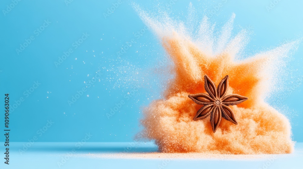 Poster a spice container with a star on top of it is surrounded by a cloud of powder. concept of chaos and 