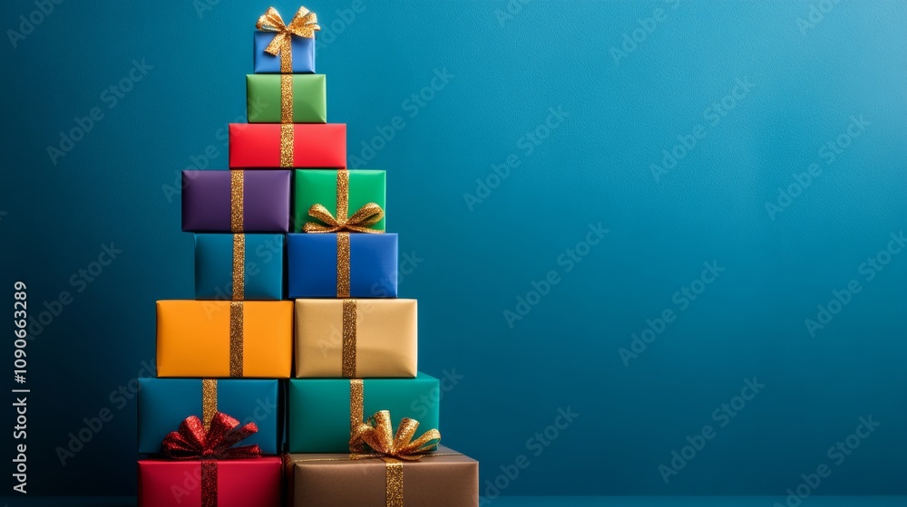 Poster stack of colorful boxes forms a christmas tree. the boxes are of different sizes and colors, and the