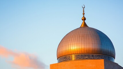 A close-up of a mosque dome with a crescent moon, showcasing Islamic architectural design.