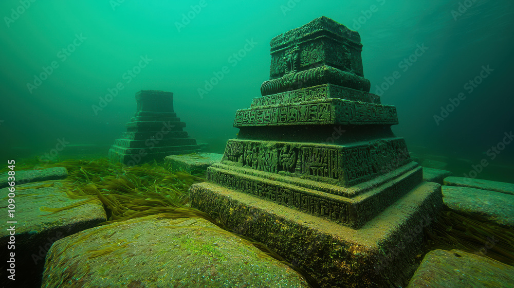Poster submerged ancient temple with intricate carvings beneath the water’s surface showcases historic arch