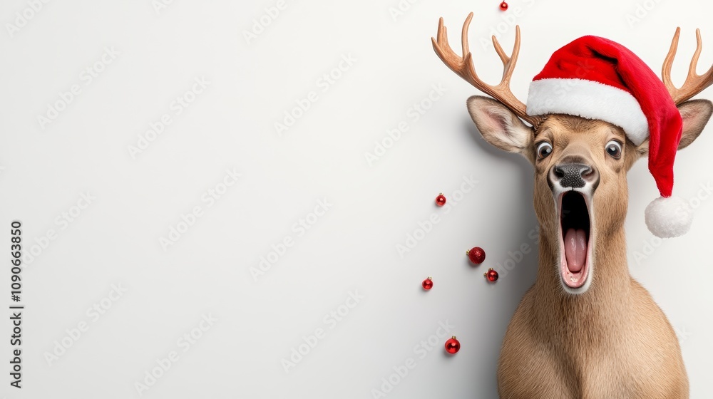 Aufkleber a deer with a red hat and a red nose is standing in front of a white background. the deer has its mo
