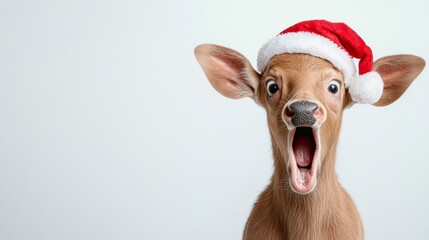 A deer with a red hat on its head and a mouth open. The deer is looking at the camera and he is surprised or excited