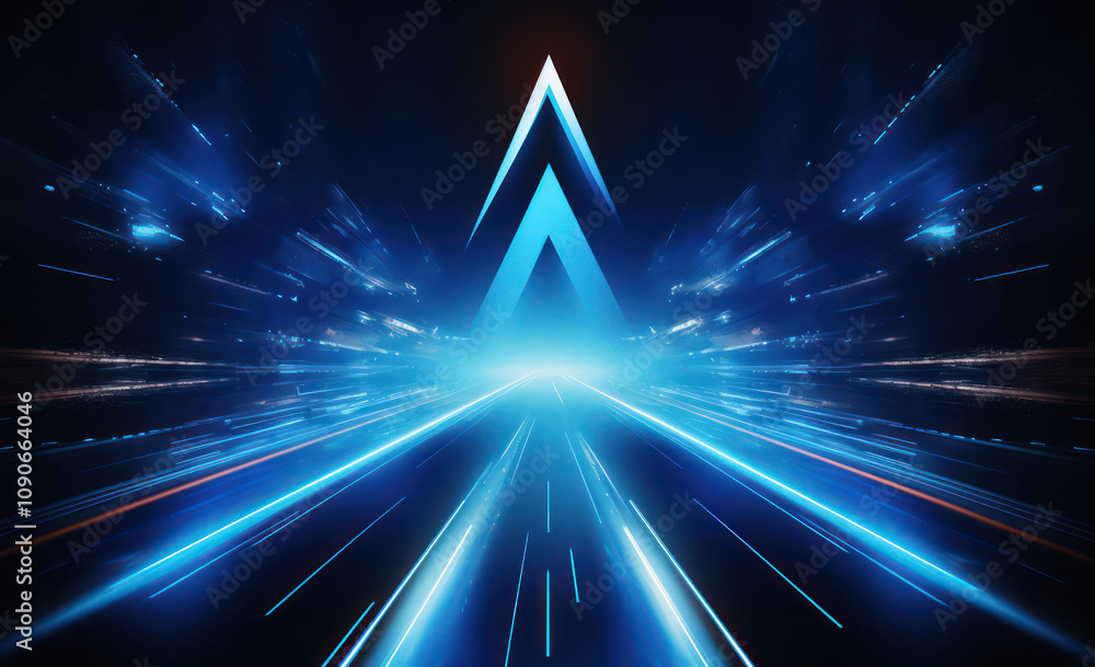 Poster abstract digital background featuring blue triangles and light trails creating a sense of motion and