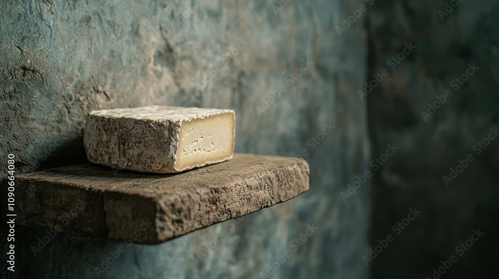 Poster close-up of a block of cheese resting on a weathered wooden shelf with textured walls in a rustic se