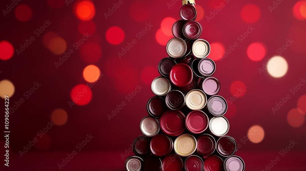 Poster christmas tree made out of empty lipsticks. the tree is made up of many different colored lipsticks 