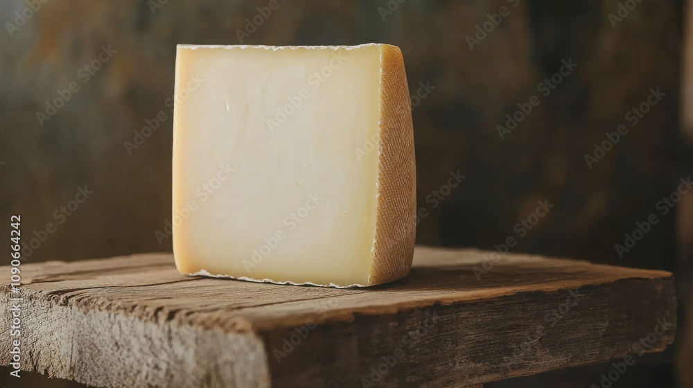 Poster close-up of a block of cheese displayed on a weathered wooden shelf with natural textures and backgr