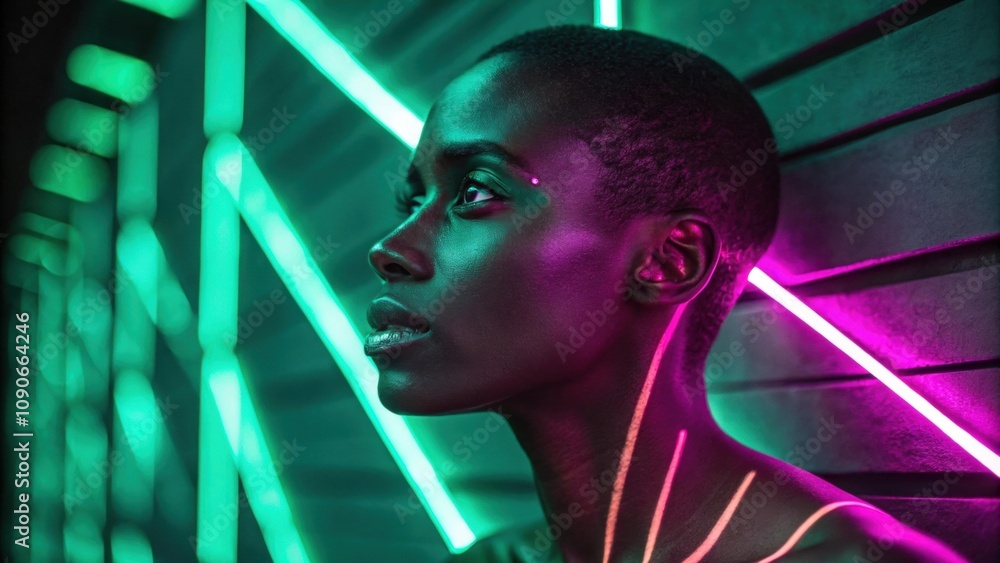 Poster the portrait captures an individual illuminated by sharp lines of green and magenta neon reflections