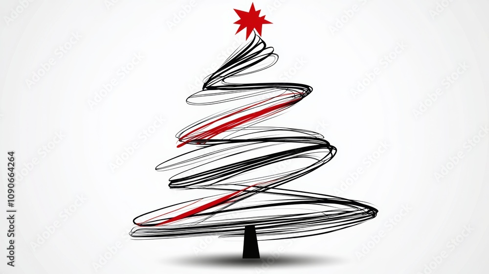 Poster christmas tree with a red star on top. the tree is drawn in a stylized way with red and black lines