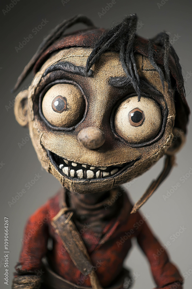 Aufkleber close-up of a finely crafted puppet with expressive features, capturing unique textures and intricat