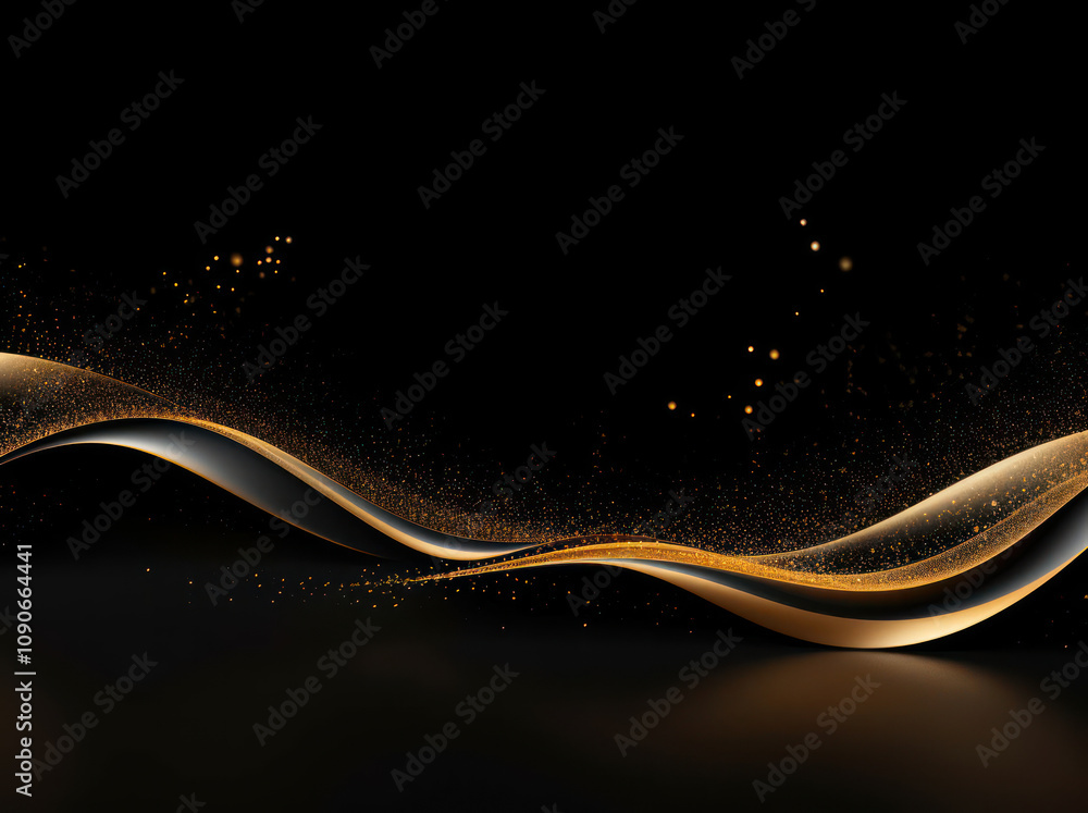 Poster elegant abstract waves with golden highlights and sparkling particles against a dark background for 