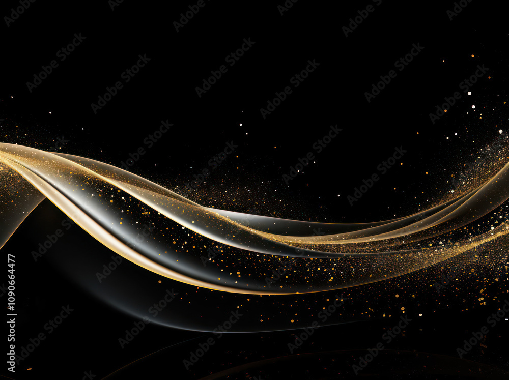 Poster elegant abstract background with flowing gold waves and sparkling particles on a black canvas perfec