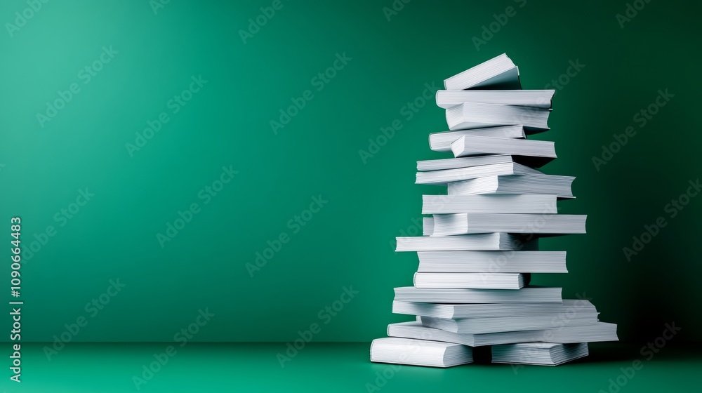 Poster stack of books is piled on top of each other, creating a christmas tree-like structure. the books ar