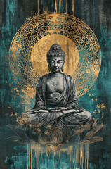 Obraz premium Serene Buddha statue meditates peacefully amidst a teal and gold mandala backdrop