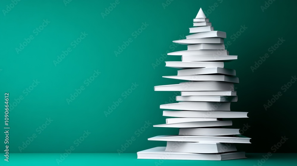 Poster stack of books is piled on top of each other to form a christmas tree. the books are white and the t