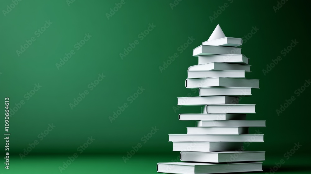 Poster stack of books is piled up to form a christmas tree. the books are white and the background is green