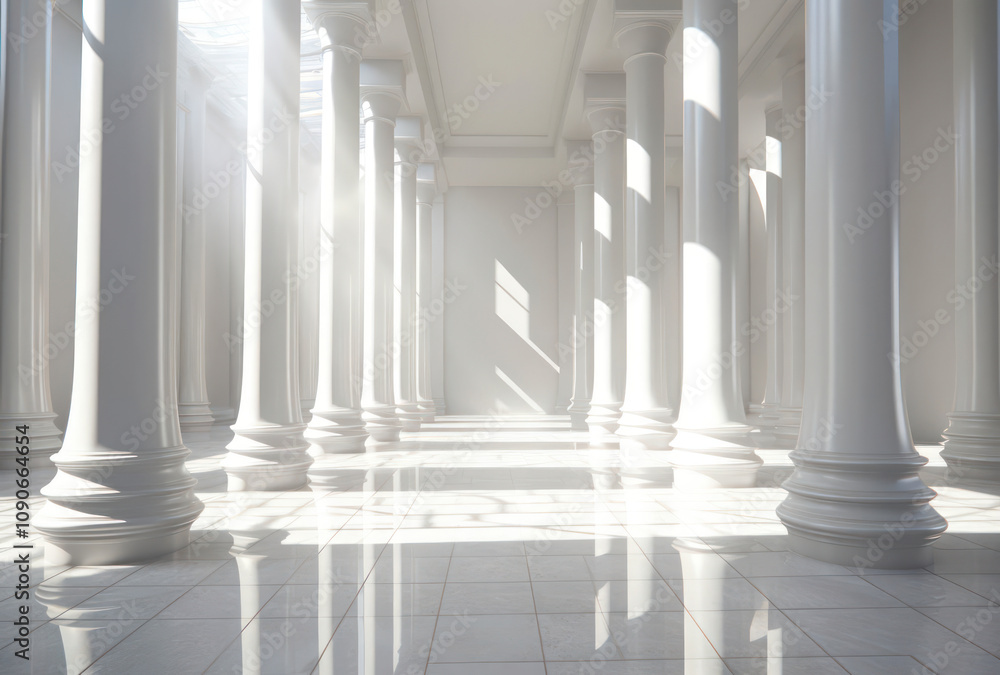 Poster serene interior of a grand hall with white columns and soft sunlight streaming through for a tranqui
