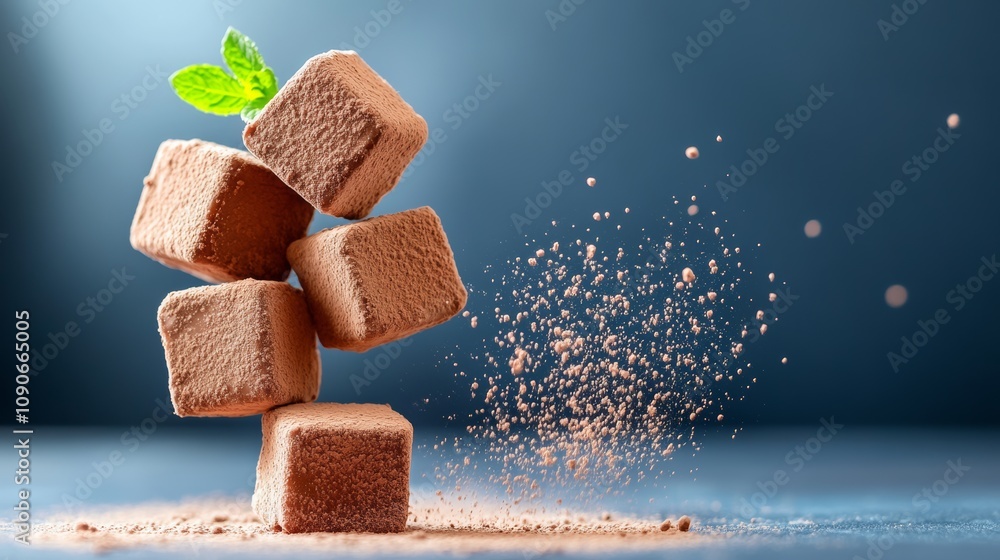 Poster a pile of chocolate cubes with a green leaf on top. the cubes are stacked on top of each other, and 