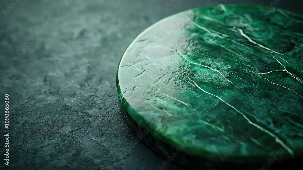 Poster close-up view of polished jade gemstone showcasing deep green hues and elegant patterns on a dark ba