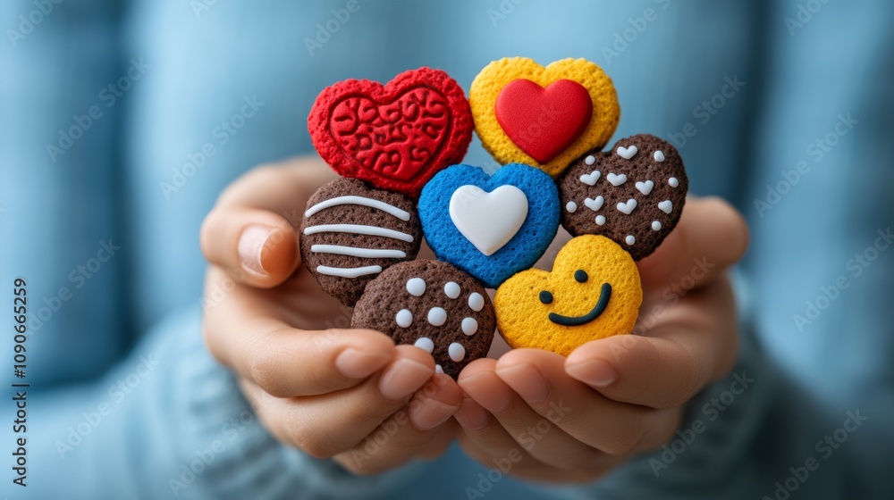 Poster a person is holding a bunch of cookies with hearts on them. the cookies are in different shapes and 