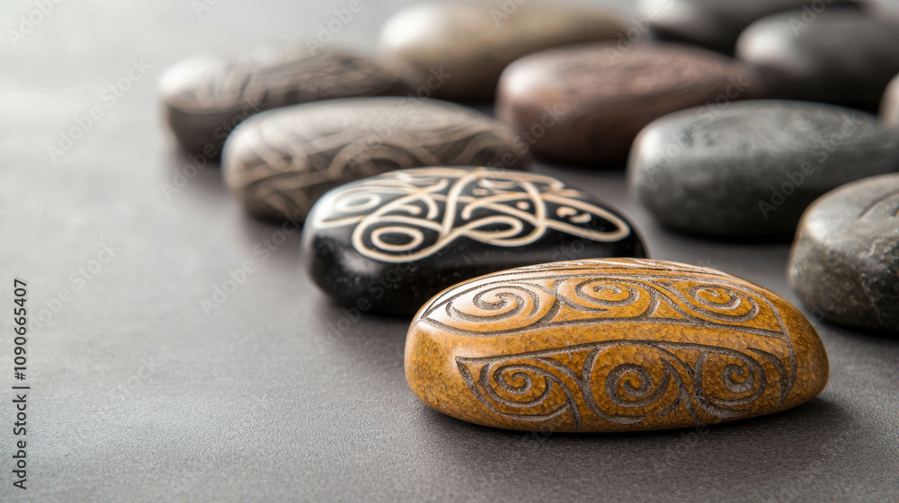 Aufkleber close-up set of polished stones with intricate patterns and detailed textures on a smooth surface fo