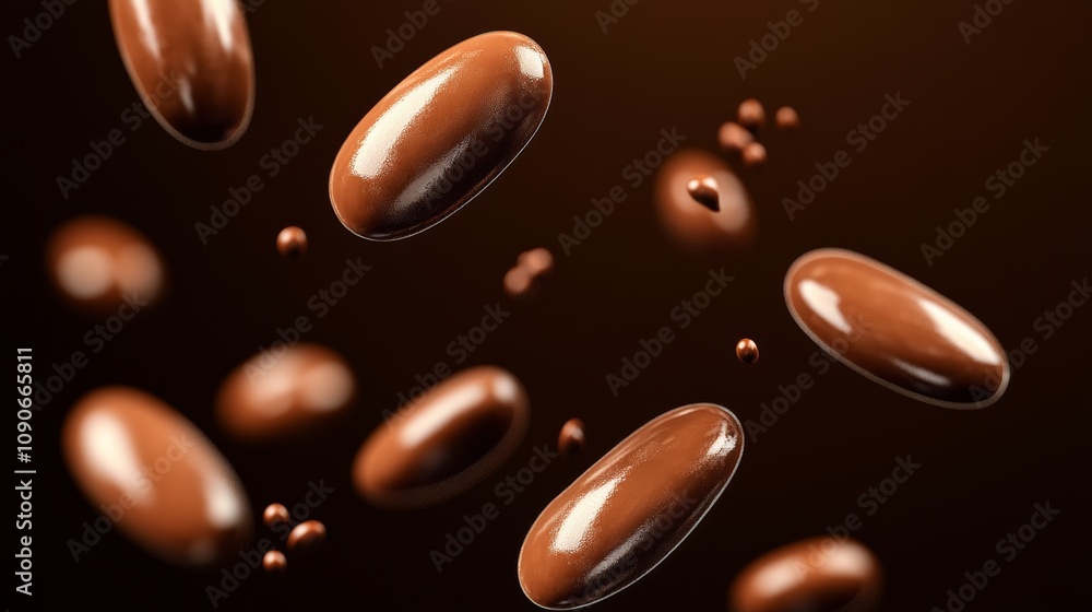 Poster a close up of chocolate covered nuts with a dark brown background. the nuts are flying through the a