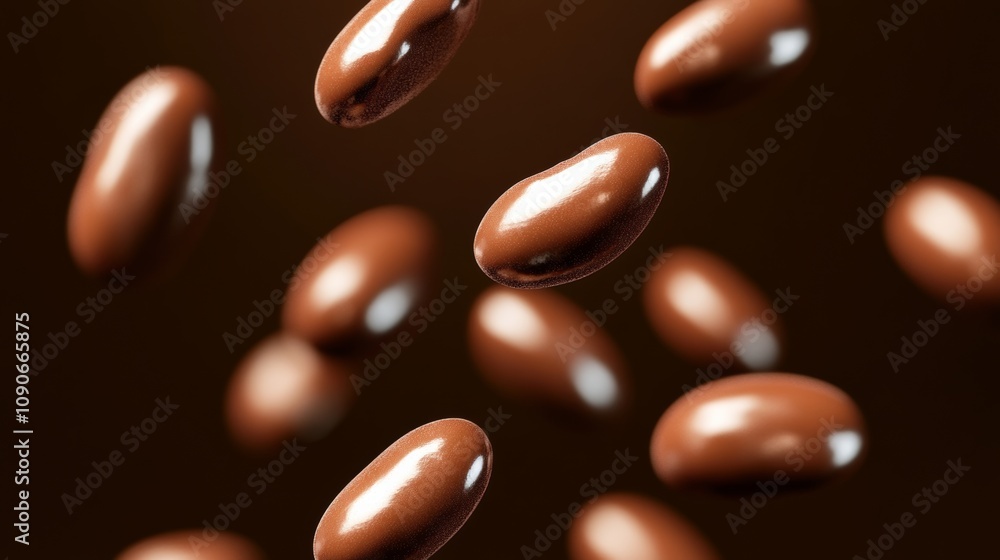 Aufkleber a close up of chocolate covered beans in the air. the beans are in different sizes and are scattered
