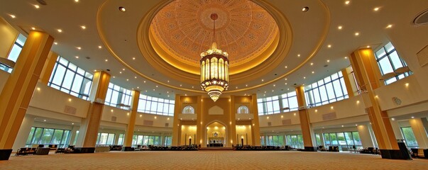 Obraz premium A spacious, elegantly designed interior of a mosque with intricate lighting and decor.