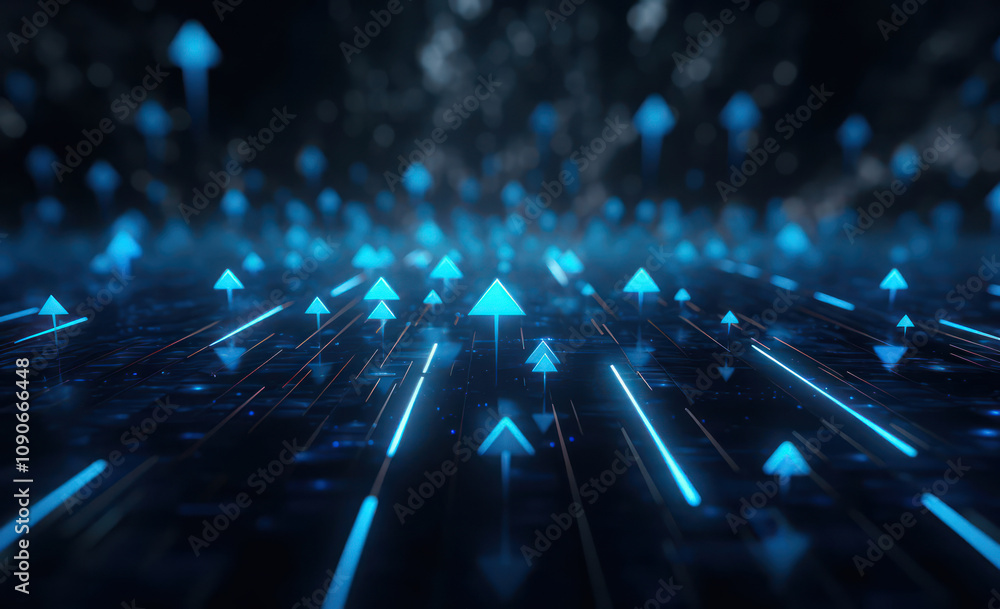Poster illuminated blue arrows projecting forward on a dark futuristic background representing growth, prog