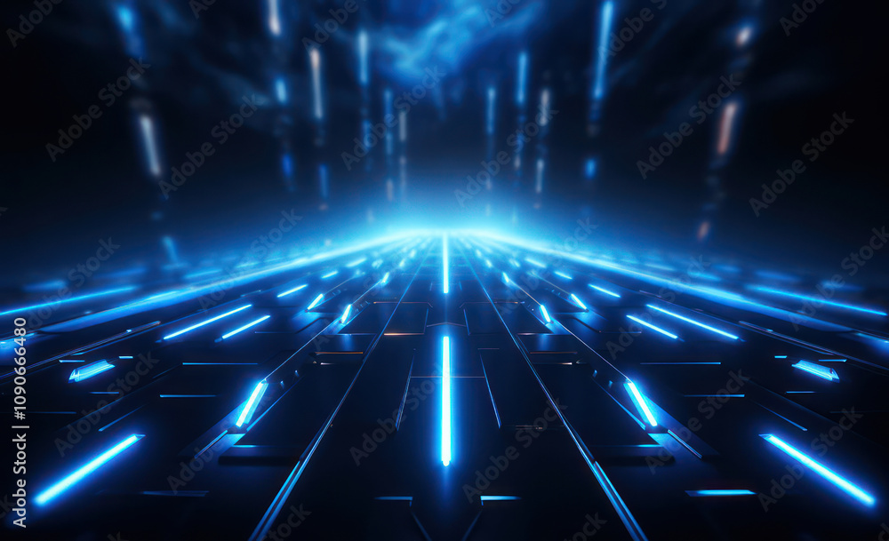 Aufkleber futuristic abstract landscape with glowing blue lines and light rays creating a motion effect in a d