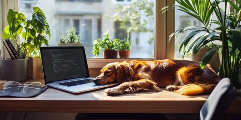 Fototapeta premium Pet-friendly workspace with a dog sleeping by the desk and a laptop open, cozy and relatable,