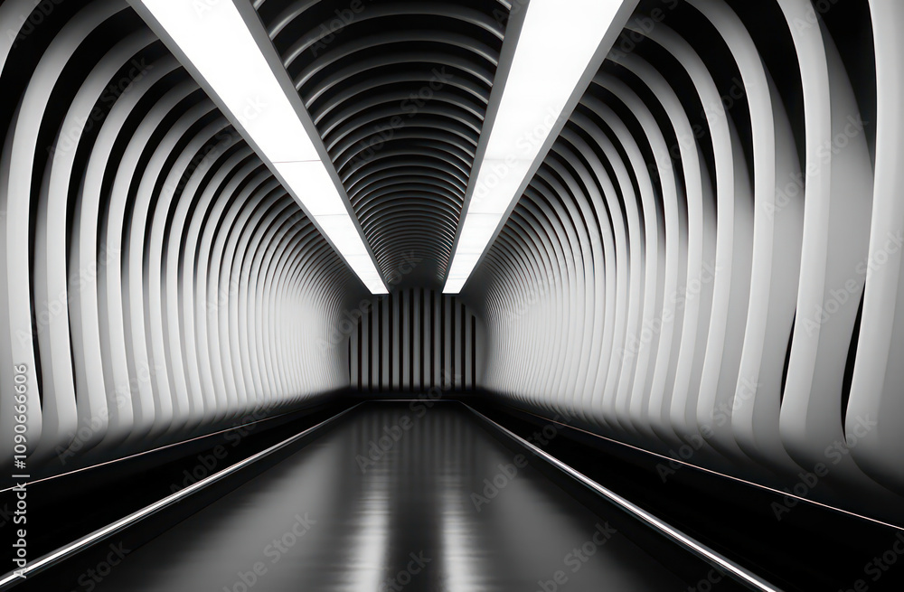 Poster futuristic architectural tunnel with smooth curved lines and ambient lighting, capturing a minimalis