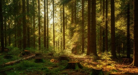 Obraz premium Enchanting sunbeams filtering trees