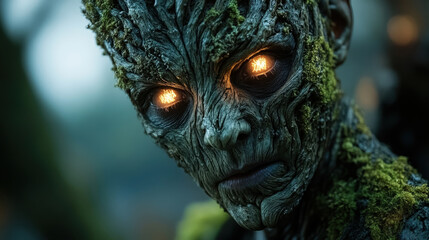 Fototapeta premium A captivating character with tree-like features and glowing eyes, blending elements of nature and fantasy, representing a deep connection to the earth and its mysteries.