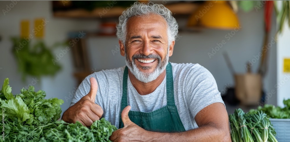 Poster a man with a green apron is smiling and giving a thumbs up while standing in front of a pile of vege