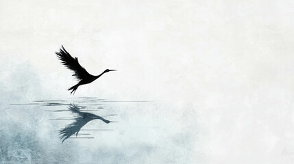 Obraz premium Elegant Japanese Minimalist Brush Painting of a Bird in Flight over a Serene Water Reflection, Capturing Tranquility and Graceful Beauty in Artistry