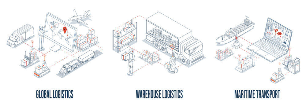 Logistics solutions concept with Global Logistics, Warehouse Logistics and Maritime Transport. Vector illustration eps10