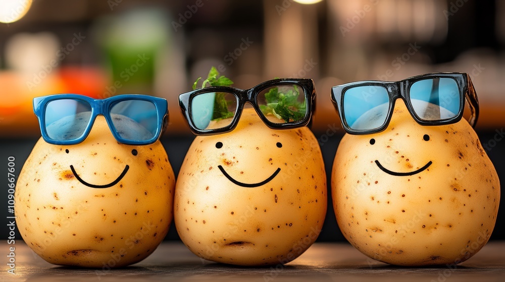 Poster three smiling potatoes wearing sunglasses. scene is lighthearted and fun. the idea behind the image 