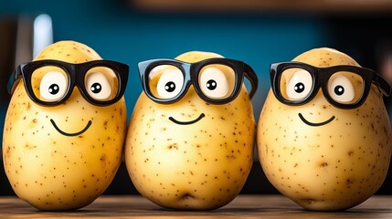 Three potatoes with glasses on their faces. The potatoes are smiling and wearing glasses. The image has a playful and lighthearted mood