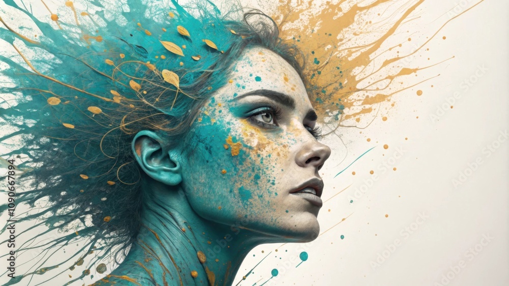 Poster the subjects face is adorned with an intricate array of multicolored splatters primarily in turquois