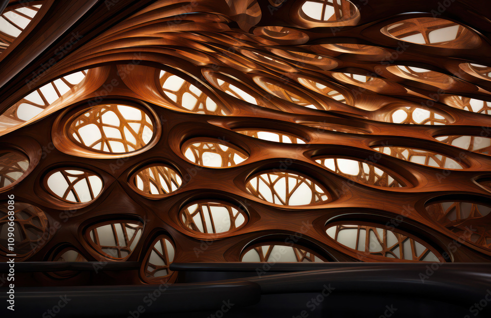 Poster intricate organic architecture design featuring curved wooden structures and abstract openings in a 