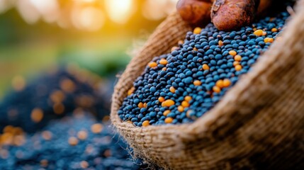 A close-up image captures colorful seeds spilling from a burlap sack onto the ground, emphasizing the textures and colors that represent agricultural abundance and nature's bounty.