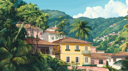 Fototapeta premium Vibrant Tropical Landscape Featuring Colorful Houses at the Base of Lush Green Mountains in a Scenic Coastal Environment