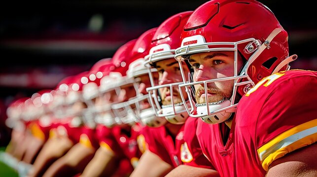 Focused football team in red helmets lined up for action on the field