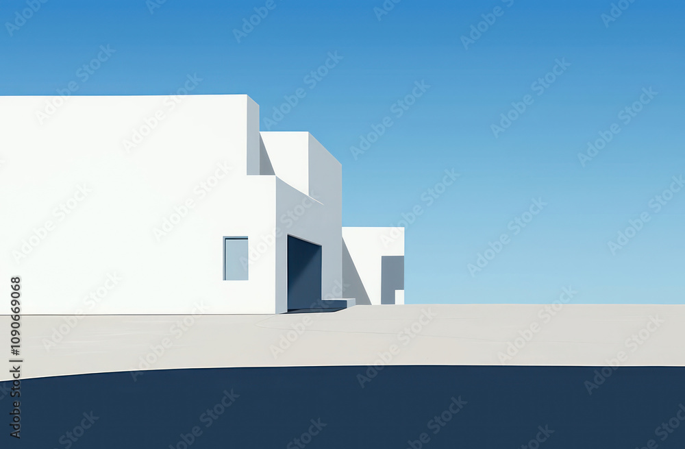 Poster minimalist architectural design featuring white structures against a clear blue sky with a paved sur