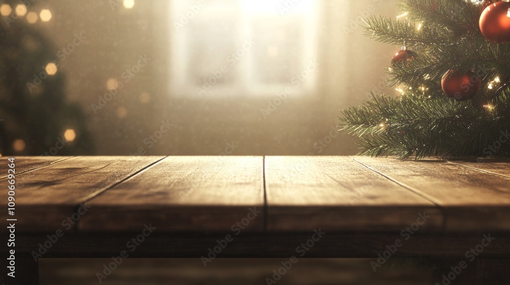 Poster a wooden table with a christmas tree in the background