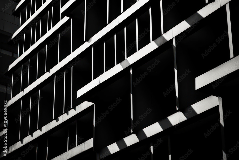 Poster abstract architectural patterns and shadows in monochrome urban building facade with strong contrast