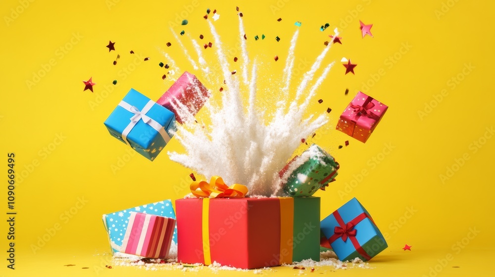 Aufkleber a box of presents is exploding, with many pieces of paper and confetti flying out of it. the scene i
