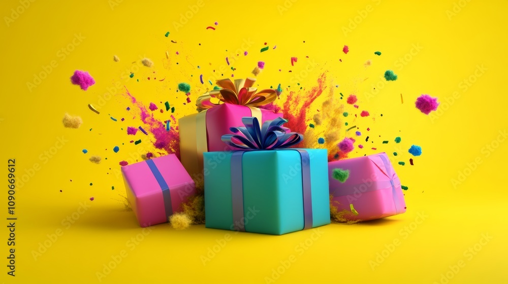 Poster a colorful box of gifts is exploding in a yellow background. the explosion is made up of confetti an