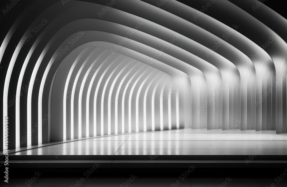 Poster minimalistic archways in a futuristic space with soft lighting and smooth textures for contemporary 